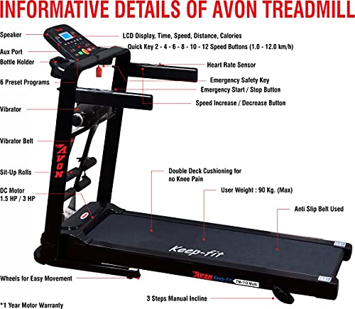 Image of Avon TM-110 Multi (3 HP Peak) Motorized Treadmill with 3 Step Manual Incline, Black
