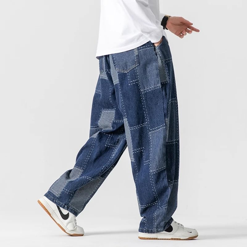 Japanese Men Jeans Autumn Vintage Patchwork Hip Hop Denim Pants Male Straight Loose Baggy Cowboy Trousers3