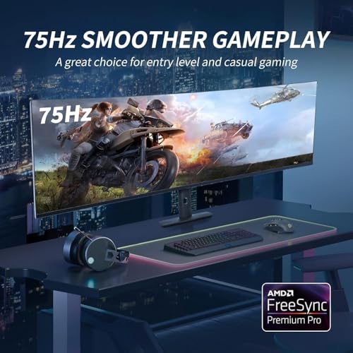 Image of YOGAES 49 Inch Curved Ultrawide Monitor 5120x1440 Dual QHD, 3800R IPS Gaming Screen, HDR400, USB-C, Built-in Speakers, Height Adjustable Stand, VESA 100x100, G-Sync Compatible (75hz)