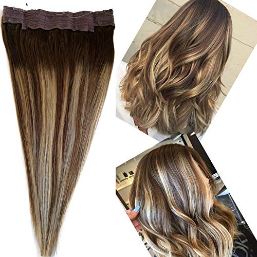 Balayage Halo Hair Extensions Human Hair Fish Line Hair Hidden Wire Crown Headband Hair Pieces Invisible Layered Fish Wire Real Hair Extensions #4 Medium Brown Highlight #24 Honey Blonde(18Inch,100g)