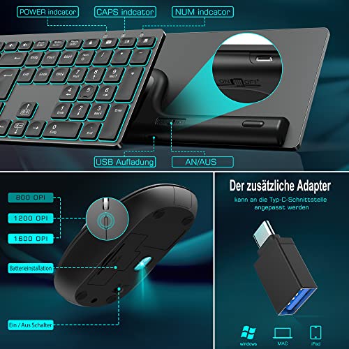 Vbrisi Kabelloses Tastatur Maus Set, Ultraslim 2.4GHz Tastatur Maus Set Kabellos, Wiederaufladbare Kabellose Tastatur und Maus mit Deutsches QWERTZ-Layout Kompatibel mit PC/Laptop/Tablet – Bild 4