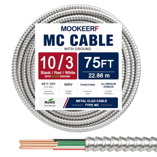 Image of MOOKEERF 10 /3 MC Cable with Ground - 75FT Pure Copper 10AWG /3 Metal Clad Wire with Aluminum Armor 10 Gauge 3 Conductor Type MC Alum Cable