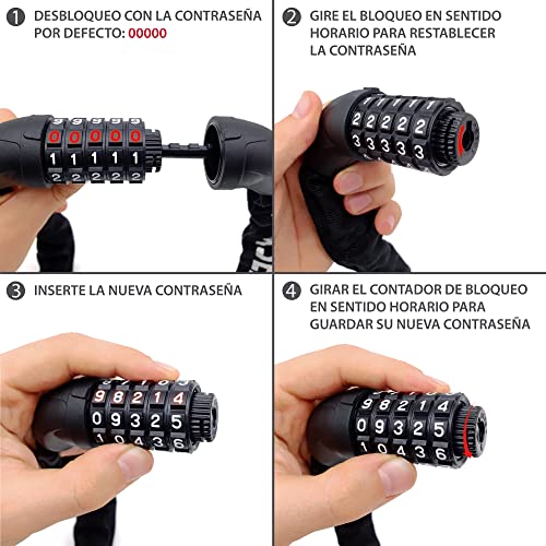 KRASER KR610 Candado Bicicleta Antirrobo, Cadena de Seguridad con Código 5 Digitos más Seguro, Eslabones Acero ø8mm Más Gruesos y Resistentes con Funda Nylon para Bici Scooter Patinete Bike Lock,100cm - imagen 6