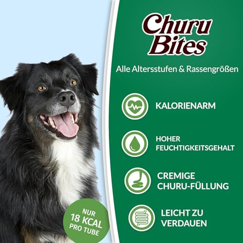 INABA Churu Bites echtem Fleisch, Hundeleckerli ohne Getreide, ohne Zucker, Keine Nebenerzeugnisse, Weiche Leckerlis für kleine Hunde & Seniorhunde in kleinen Häppchen, Huhn Thunfisch 96 g (1er Pack)