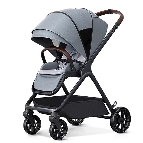 newyoo Baby Stroller, Baby Reversible Stroller, Standard Stroller, Parent or Forward Facing, One-Hand Recline, Compact Fold, Extendable Canopy, Cushion, Mosquito Net, Wrist Strap(Include) Grey