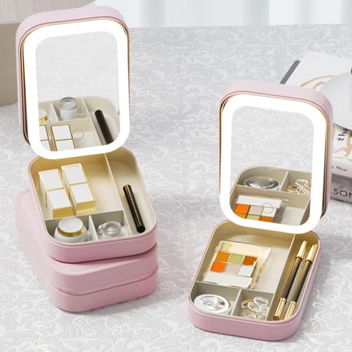 Image of LED Makeup Box with Adjustable Light-Up Mirror, 3 Color Light Settings, Dust-Proof Cosmetic Case, Jewelry Organizer and Multi-Compartment Storage Box for Women (Pink)