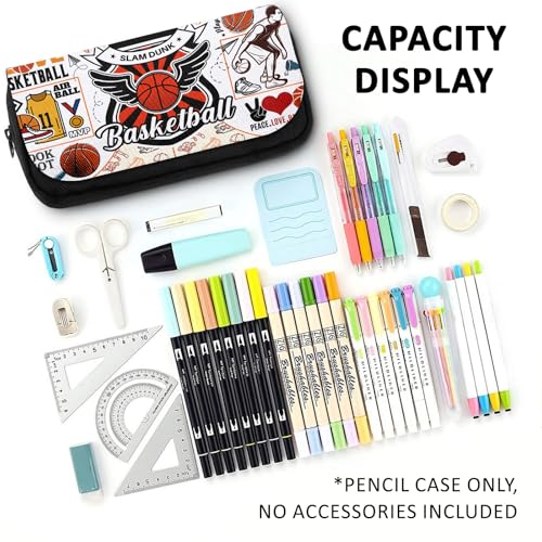 Image of Basketball Pencil Case for Boys & Girls - Sports Themed Pouch with Hoop & Ball Design, Large Capacity Zippered Pen Bag, Flip Top School Supplies for Students, Back to School Stationery Organizer