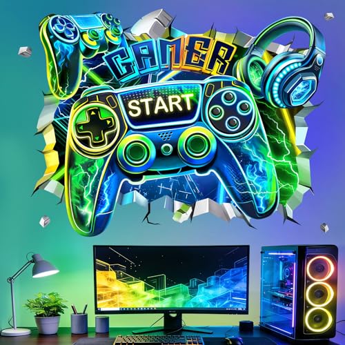 decalmile Stickers Muraux Gamer 3D Grand Autocollant Mural Gaming Jeux Vidéo Contrôleur Décoration Murale Chambre Garçon Salle de Jeux