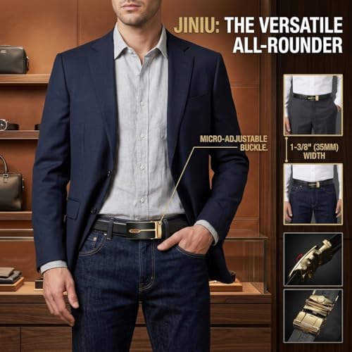 Image of JINIU Men's Ratchet Belt Buckle, Black Genuine Leather Slide Belt for Men Dress Suit, Micro Adjustable Trim to Fit Boxed