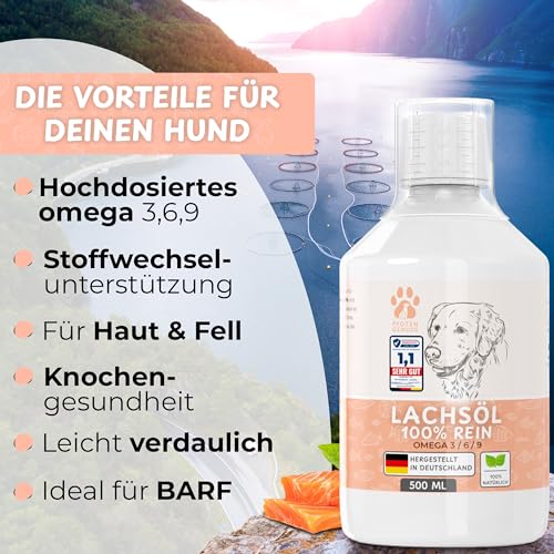 Pfotengenuss Lachsöl für Hunde Katzen &Pferde - natürliche Omega 3, 6 & 9 Quelle - für Gelenke Fell&Stoffwechsel - frisch abgefüllt in Deutschland - natürliches, hochdosiertes Lachs-Öl - Barf-Öl