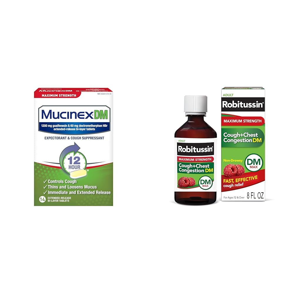 MucinexCough Suppressant and Expectorant & Robitussin Adult Maximum Strength Cough + Chest Congestion DM Max (8 fl. oz. Bottle), Non-Drowsy Suppressant & Expectorant, Raspberry Flavor