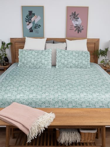 Image of Prasino Premium Hand Block Printed Bedsheet | Bed Sheet Flatsheet | Pure Cotton | Double Bed King Size 108 inchx108 inch | 300 TC Bedsheets | Includes 2 Pillow Covers | Floral Spread
