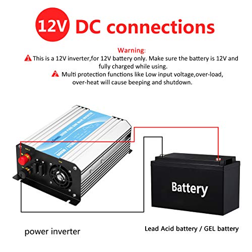 Power Inverter Pure Sine Wave 600Watt 12V DC to 110V 120V with Remote Control Dual AC Outlets and USB Port for CPAP RV Car Solar System Emergency