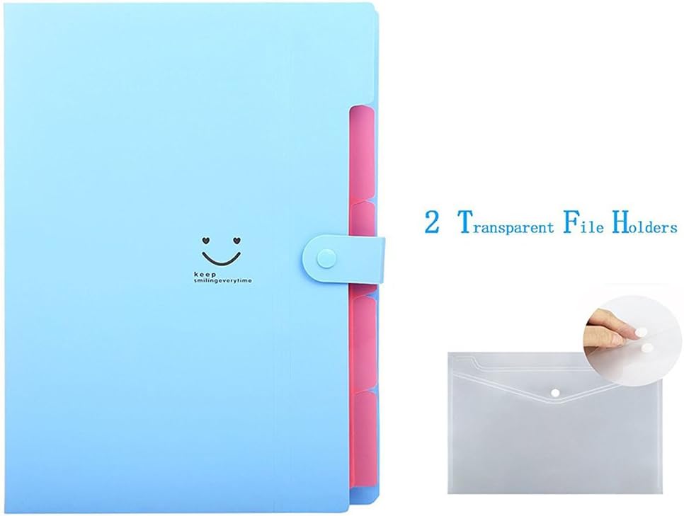 LANGSHOP Letter A4 Accordion Folder Expanding File Organizer 5 Pockets with 2 Transparent File Holders (Blue)