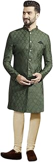 kisah Men's Indo-Western Sherwani Churidar Set, Olive Silk Blend, Woven Design Regular Fit Mandarin Collar Long Sleeves-picture-21
