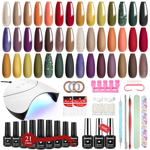 VANREESA Gel Nail Polish Set, 21 Colours Gel Nail Kit with 36W U V Lamp Brown Red Purple Green U V Nails Polish Starter Kit with Base Top Coat Manicure Salon Set DIY at Home Gifts for Women