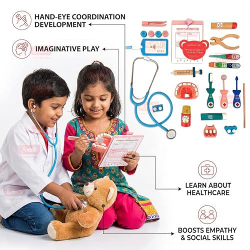 Image of WUDLY Wooden Doctor Set for Kids Gift, Dentist Pretend Play Toy with Working Stethoscope, Thermometer, Dental Model & Carry Bag, Screen-Free Medical kit for Boys & Girls
