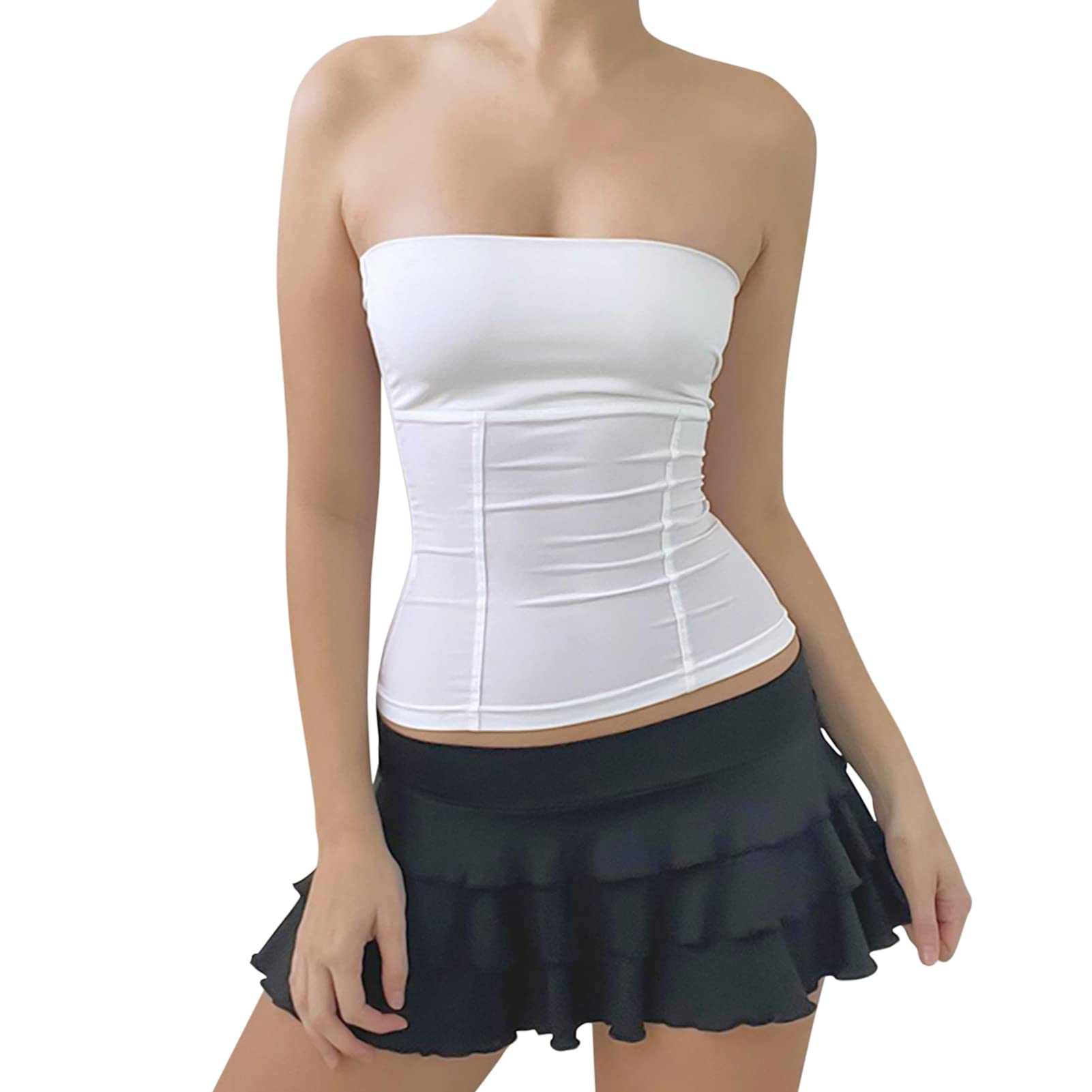 ISZPLUSH Women’s Strapless Tube Tank Tops Off Shoulder Sleeveless Solid Basic Patchwork Bandeau Slim Fit Vest Streetwear