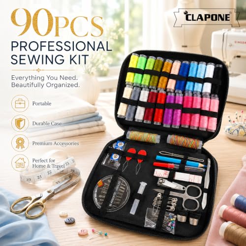 Image of 90 PCS Sewing Kit with 24 Color Threads, Portable Sewing Supplies Set, Needles, Scissors, Measuring Tape, Seam Ripper, Thimbles & Zipper Storage Case for Home, Travel & Emergency