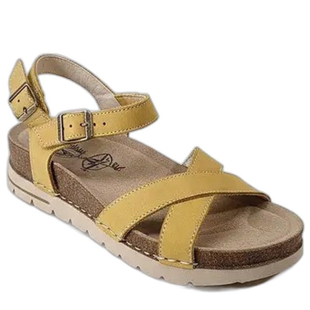 WALK & FLY 8352-50890 PIEL AMARILLO. Sandalia de piel, cuña 3,5 cm, plantilla acolchada y forro, cierre de gancho y bucle ajustable, suela poliuretano ligera y antideslizante.
