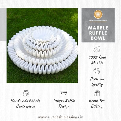 Image of SWADESHI BLESSINGS Handcrafted Marble Ruffle Urli Bowl for Home Decor | Traditional Decorative Bowl for Floating Flowers, Potpourri & Festive Decor Items | Pooja Decoration | Wedding /Return Gifts, 9 inch