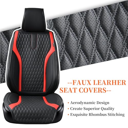Image of Coverado Front Seat Covers, 2PCs Seat Covers for Cars, Car Seat Cushion Waterproof Leather Car Seat Protector, Driver Seat Cover Universal Fit for Most Sedans SUV Truck Black&Red