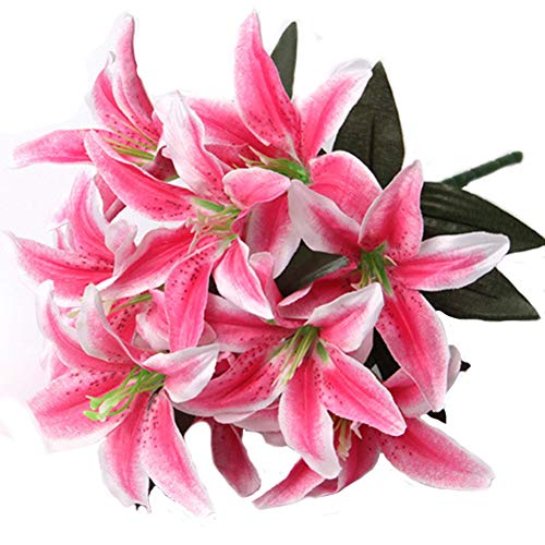 Artfen Artificial Lily 10 Heads Fake Lily Artificial Flower Wedding Party Decor Bouquet Home Hotel Office Garden Craft Art Decor Rose Red