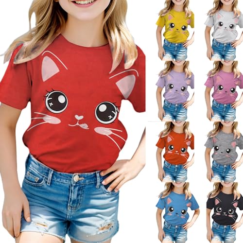 Toddler Girls Crewneck Basic Tees Short Sleeve T-Shirt Kids Solid Cotton Tee Cute Cat Printed Shirt Summer Casual Tops2