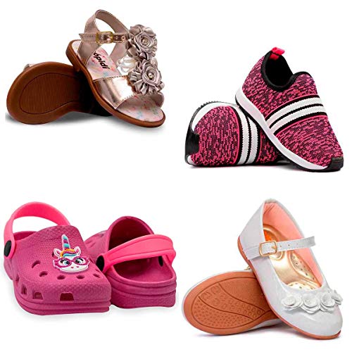 Kit com Sandália de Flor Dourada, Tenis Jogging Rosa, Babuche Unicórnio Rosa e Sapatilha 205 Branca