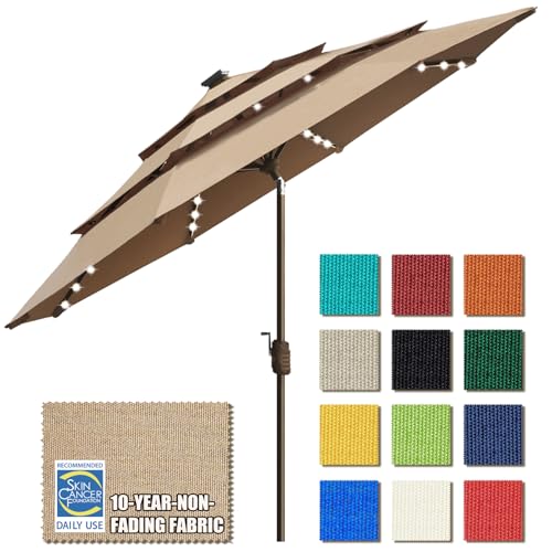 EliteShade USA 10-Year-Non-Fading Solar 9ft 3 Tiers Market Umbrella with 80 LED Lights Patio Umbrellas Outdoor Table with Ventilation,Heather Beige