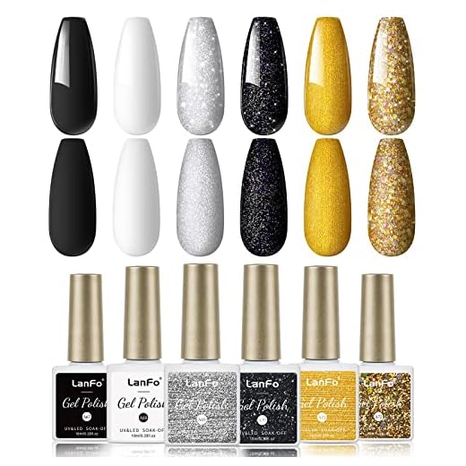 LanFo Gel Nail Polish Set, 6 Colors Gel Polish Set Black Gel Nail Polish White Gel Polish Sliver Golden Glitter Gel Nail Polish UV LED Soak Off DIY Nail Art Manicure at Home