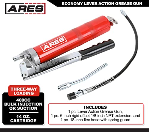 Ares 53012 - Lever Action Grease Gun - 400Cc Bulk And 14 Ounce Cartridge Loading - 4500 Psi Working Pressure Rating - 18-Inch Flex Hose And 6-Inch Offset Extension #TOP1