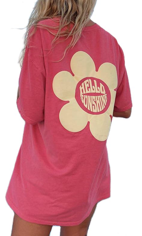Image of Vintage Oversized Flower Graphic Tees Cute Surfboard Palm Baggy T-Shirts Summer Preppy Beach Tops Teen Girls Clothes
