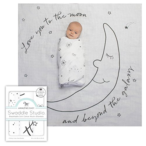 Amazing Baby Muslin Swaddle Blanket for Baby Boy & Girl, Receiving Blanket for Newborn, 100% Cotton Swaddle Wrap, Baby Registry & Gift, 46 x 46 inches, MIlestone Blankets, Set of 3, Love You to The Moon, Soft Black