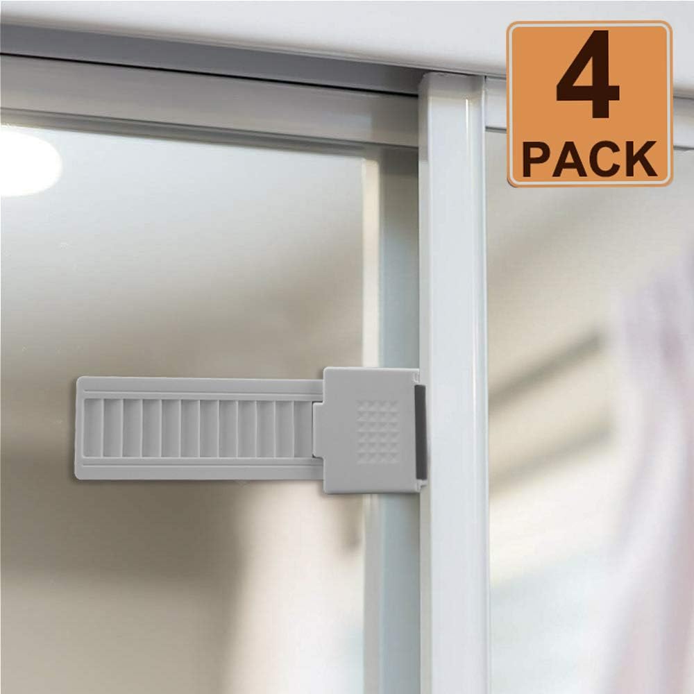 4 Packs Sliding Glass Door Window Locks Guard for Child Safety, Window Stoppers Adjustable with Strong Acrylic Adhesive, No Screws or Drills, White
