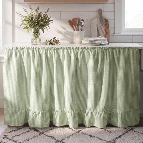 VitalCozy Cabinet Curtain 28 W x 51 L Sink Skirt for Bathroom Kitchen Sage Green Stripes Ruffles Spring Short Curtain for Home Classroom Farmhouse Drape Under Desk Privacy Drape for Laundry Room