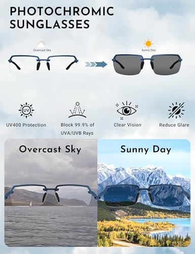 Image of BIRCEN Mens Metal Photochromic Sunglasses: UV Protection Al-Mg Sun Glasses Ultra-light Rimless Shades for Driving Cycling