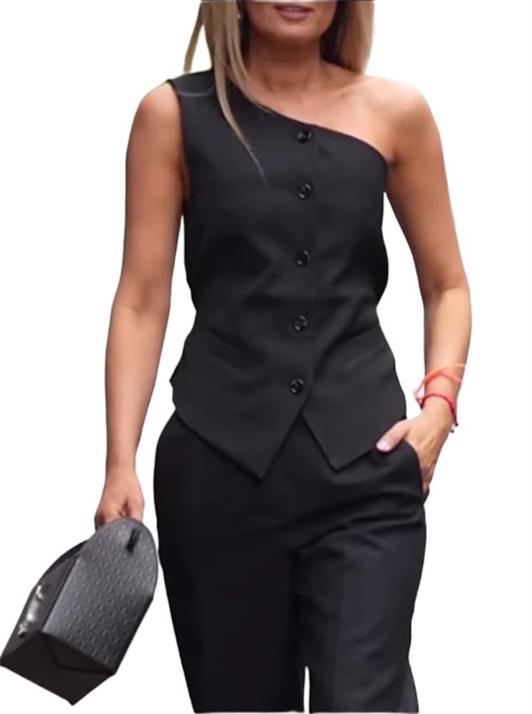 Mi Bo Tong Womens Vest and Pants Suits One Shoulder Regular Fit Urban Plain Vest Womens Black One