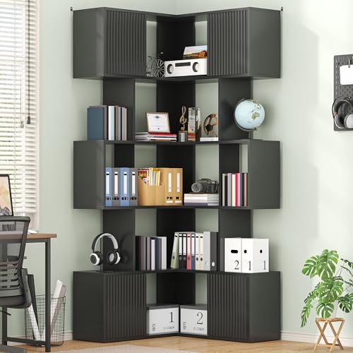 Image of kepptory 5 Tier Corner Bookshelf, 71 inch Storage Bookcase, L-Shaped Cube Bookshelf, Modern Display Shelf Standing Unit, Wood Metal Living Room /Home Office /Bedroom Display Unit, Black