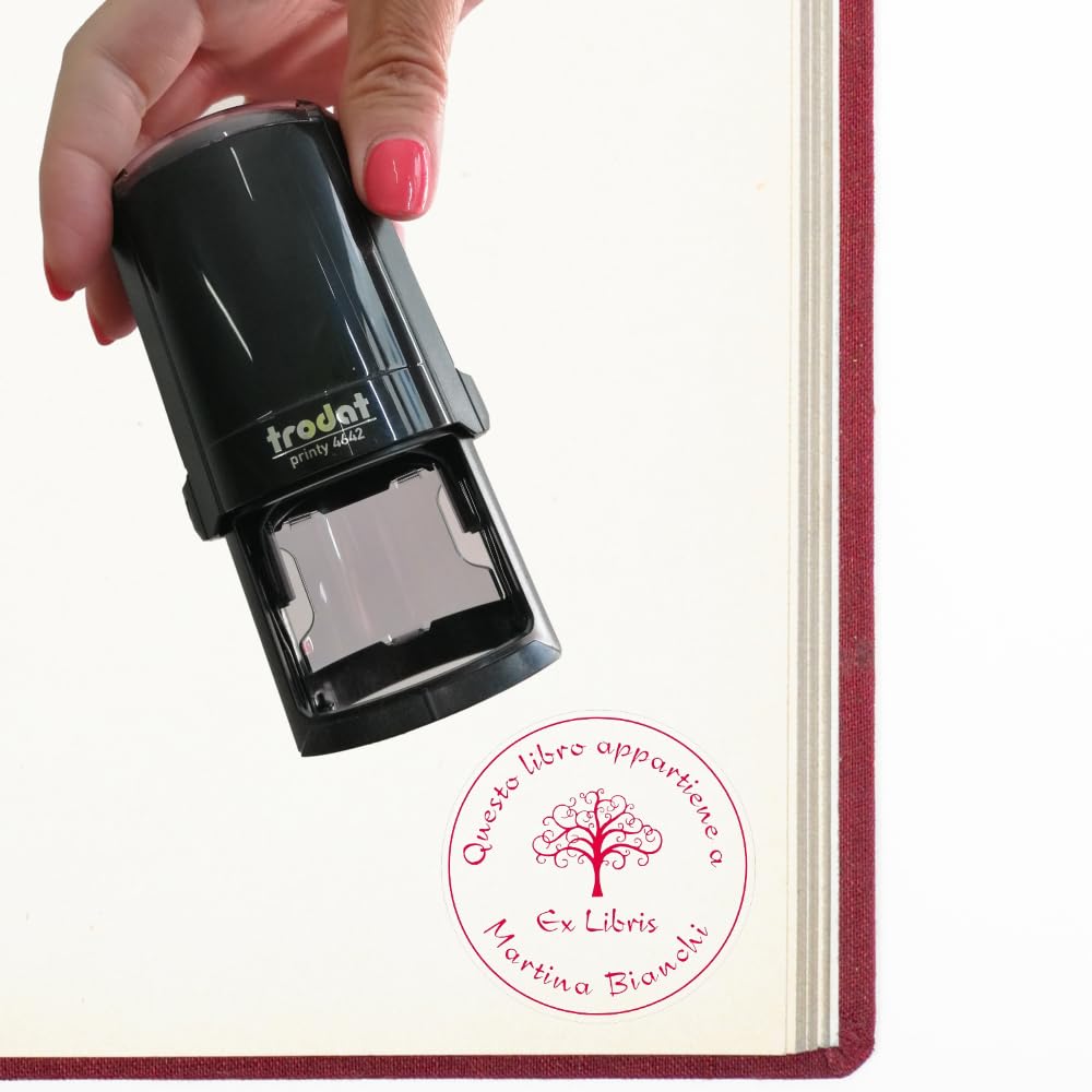 Trodat Timbro Ex Libris Monogramma PERSONALIZZATO "Albero della Vita", Impronta Rotonda Ø 42 mm, Autoinchiostrante Printy, Libri, Biblioteca, Club del Libro (Impronta Rossa)