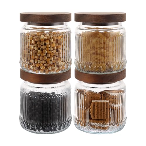 AHAQU 4PCS Glass Jar with Wooden Lid, 500ml/17oz Airtight Food Storage Jars, Clear Kitchen Storage Jars for Tea, Coffee, Sugar, Beans, Cereal