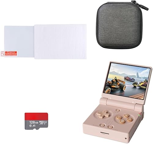 Miy Mini Flip - Consola de juegos de mano retro con pantalla IPS de 2.8 pulgadas + tarjeta SD Flip Onion de 128G + protector de pantalla de vidrio