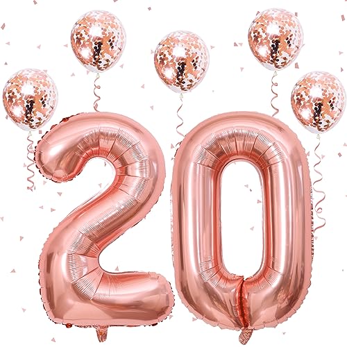 Image of 40 Inch Rose Gold Number 20 Balloons, Foil Self Inflating Giant Helium Number 2 & 0 Balloons with Confetti Balloons for Women Girls 20th 2nd Birthday Party Decor Anniversary Decorations Supplies