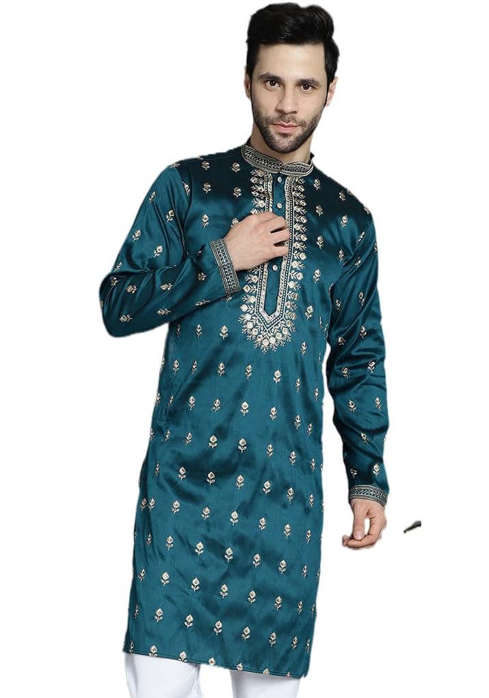 Jompers Men's Peacock Chikankari Embroidered Kurtas (Peacock, S)