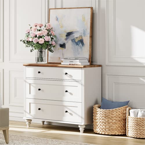 WAMPAT Dresser for Bedroom with 3 Drawers, White Kids Dressers with Wide Chest of Drawers, Mid...