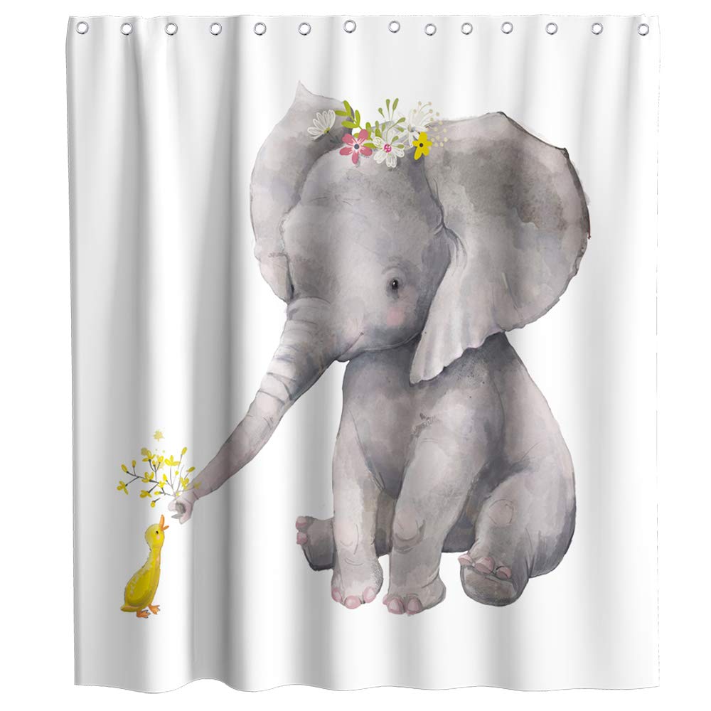 Cute Yellow Duck and Funny Elephant Shower Curtain Cloth Fabric Kids Bathroom Decor Sets with Hooks Waterproof Washable 72 x 72 inches