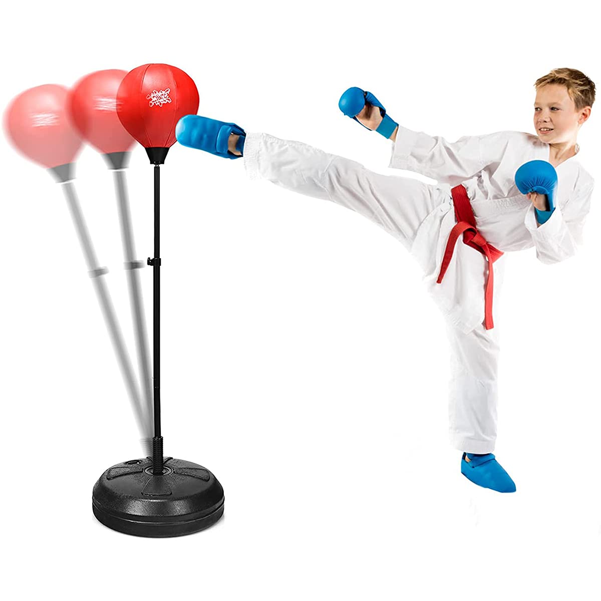 GYMAX Punching Ball da Terra per Adulti e Bambini, Sacco da Boxe con Guanti e Altezza Regolabile, Palla di Pugilato con Base Stabile