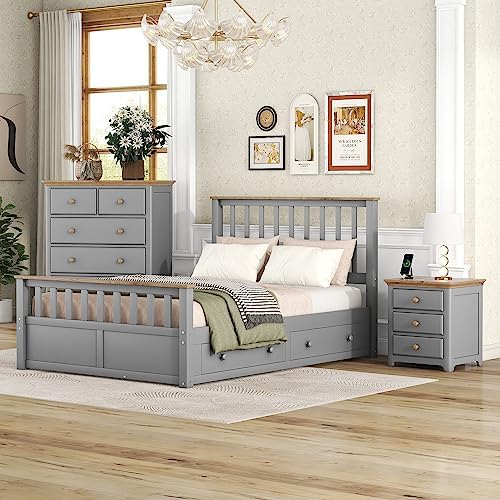 RUNWON 3-Pieces Sets Full Size Platform, Bed Frame with Nightstand(USB Charging Ports) and Storage Chest,Gray+Natrual for Bedroom/Living Room