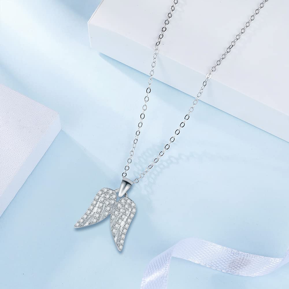Sterling Silber Halskette mit Engelsflügeln und Zirkon für Frauen und Mädchen, 45 cm Kette mit Geschenkbox
