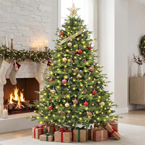 Árbol de Navidad Artificial, 180 cm, Iluminado, con Luces de luz Blanca cálida, 1000 Puntas de Ramas de PVC, Plegable, para decoración navideña